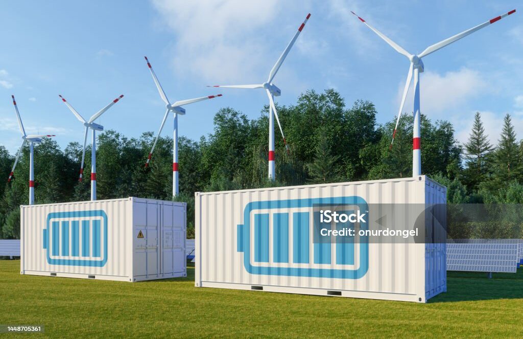 Energy Storage System With Solar Panel, Wind Turbines and Li-ion Battery Container