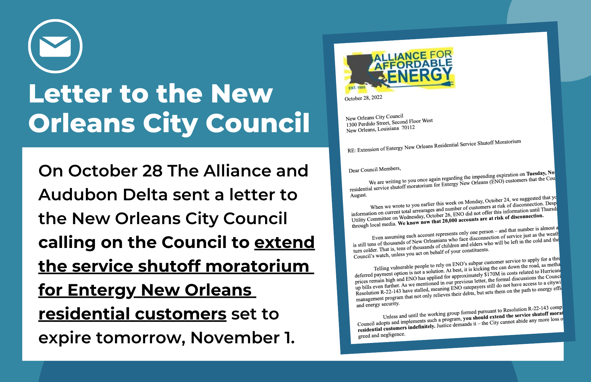 The Alliance Calls for Extension of Entergy New Orleans Shutoff Moratorium