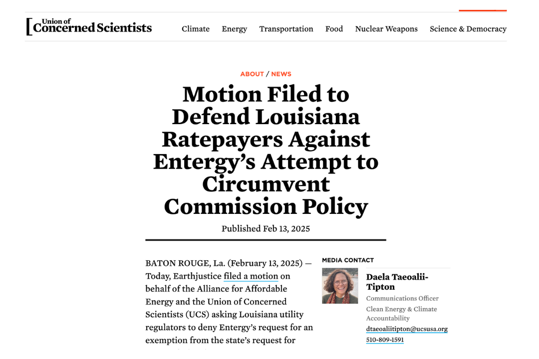 Motion Filed to Defend Louisiana Ratepayers Against Entergy’s Attempt to Circumvent Commission Policy