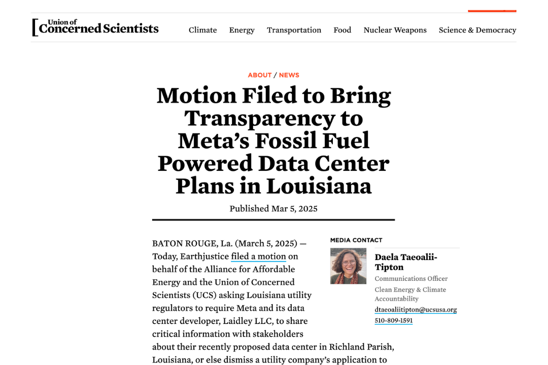 Motion Filed to Bring Transparency to Meta’s Fossil Fuel Powered Data Center Plans in Louisiana